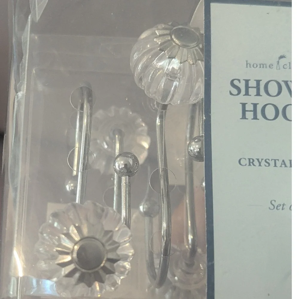New Home Classics Crystal Shower Hooks Set of 12 Clear Floral Silver Tone